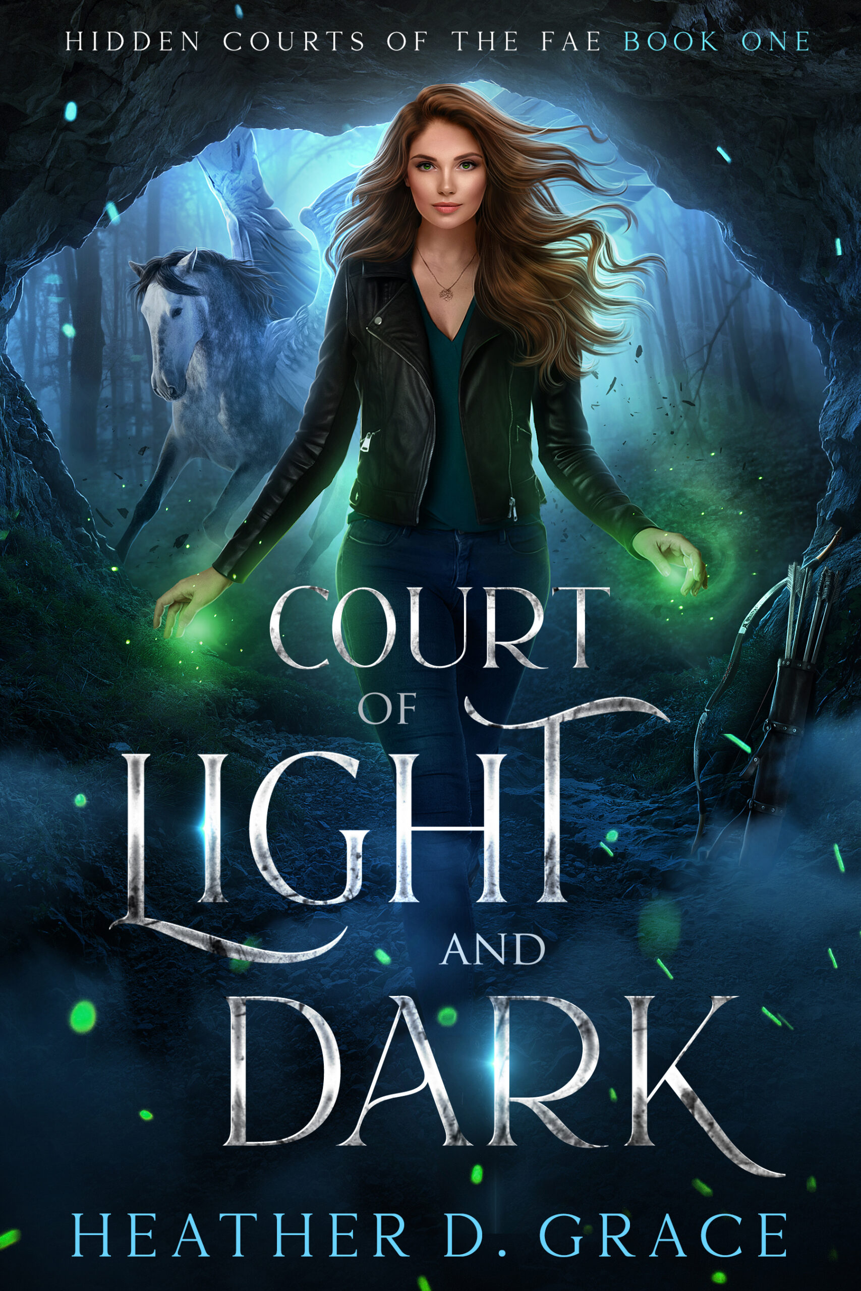 Woman walking into the cave with green magic glowing around her hands and her pegasus behind her.