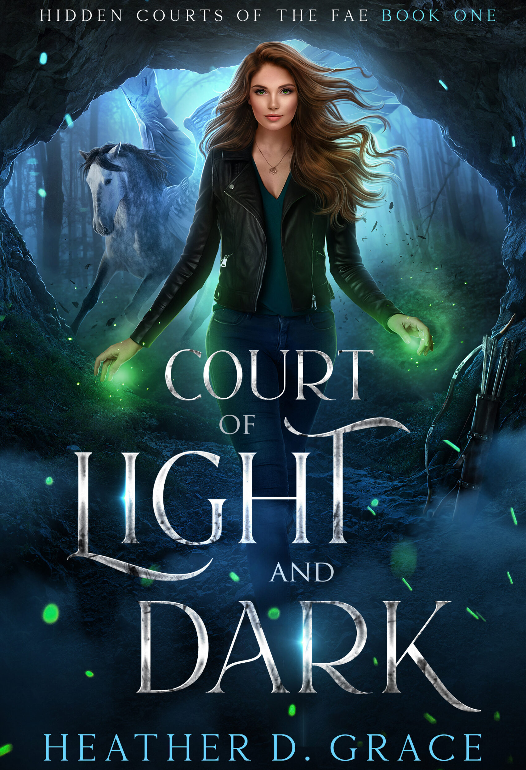 Court of Light and Dark_alt face (1) Woman walking into the cave with green magic glowing around her hands and her pegasus behind her.