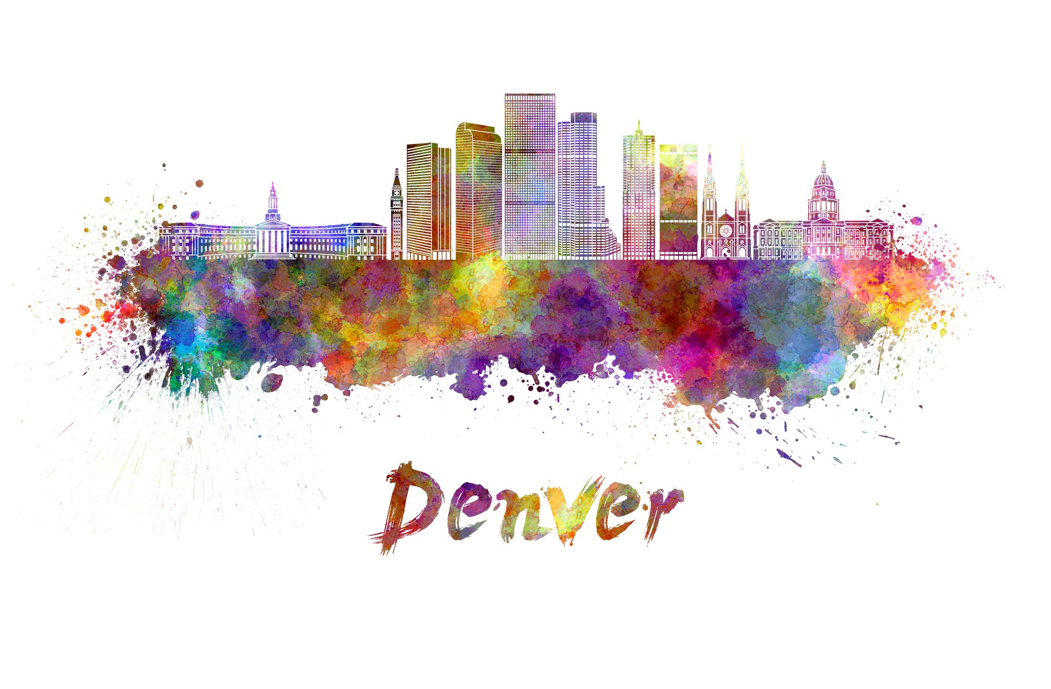 Denver skyline in watercolor splatters with clipping path